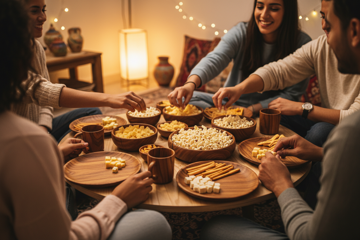 egyptian friends gathering at home around sisso wood plates, trays and cups filled with food like popcorn and cheese showing that they are enjoying their shared moment together