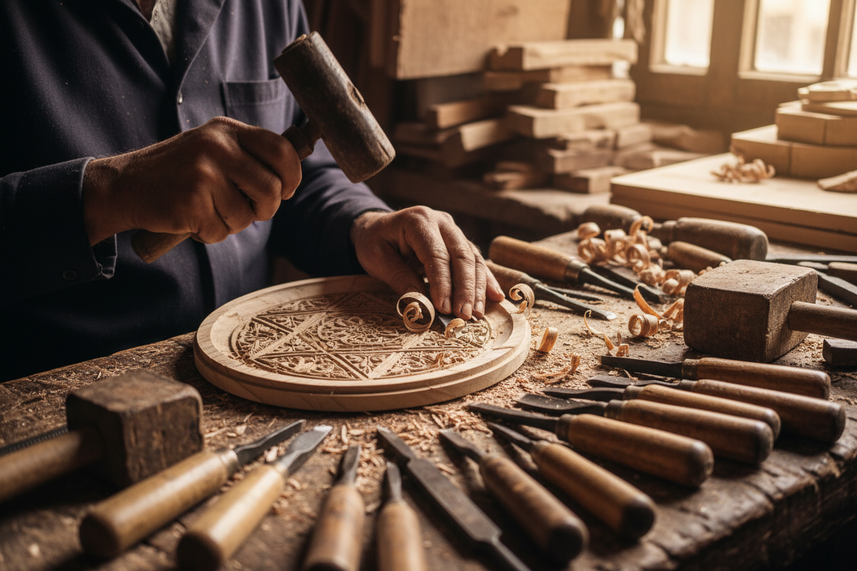 Egyptian from luxor People working in a wooden workshop with sisso wood, people hands only are appearing while shaping the plates and carving on wood, the picture goal is to show the human craftsmanship