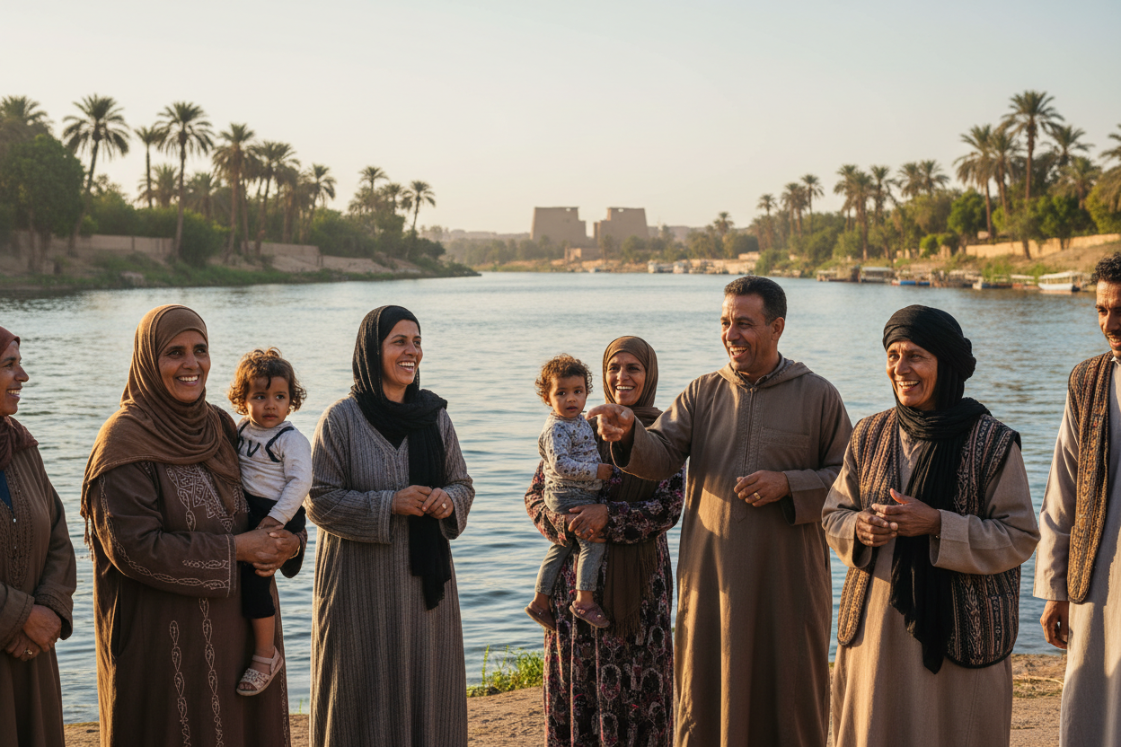 People from upper egypt specially luxor smiling in front of the nile river